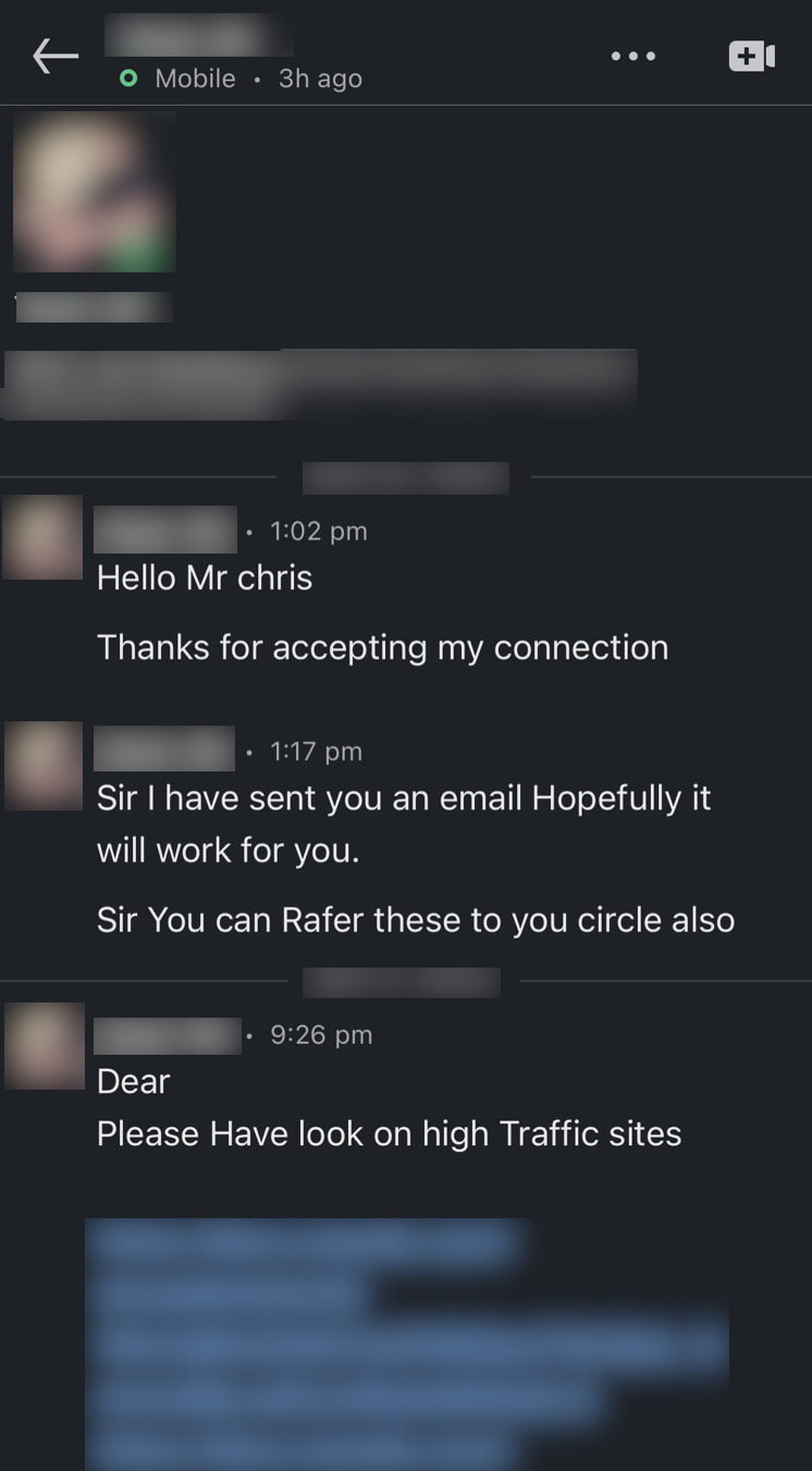 What Are the Benefits of SEO? (And How to Get Started) | Intrusive outreach example, via Linkedin.com