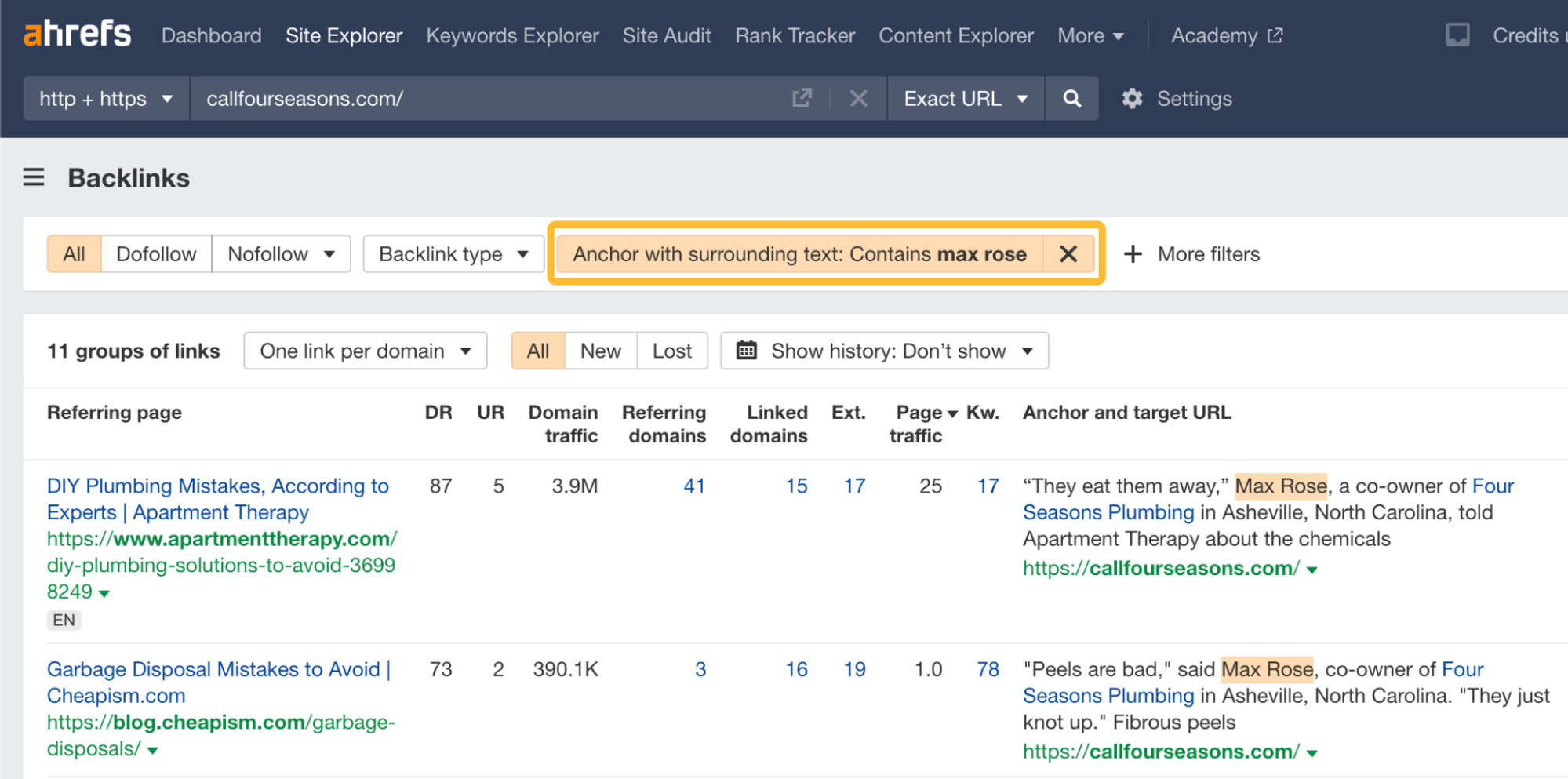 Filtering for HARO backlinks in Ahrefs' Site Explorer