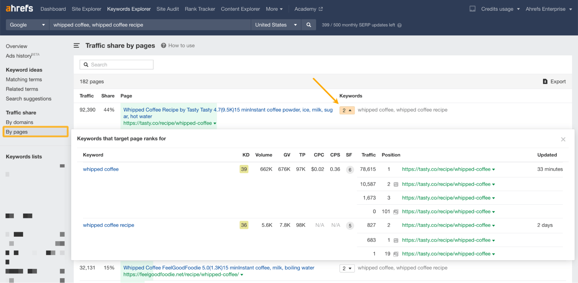 Traffic share by pages report, via Ahrefs' Keywords Explorer