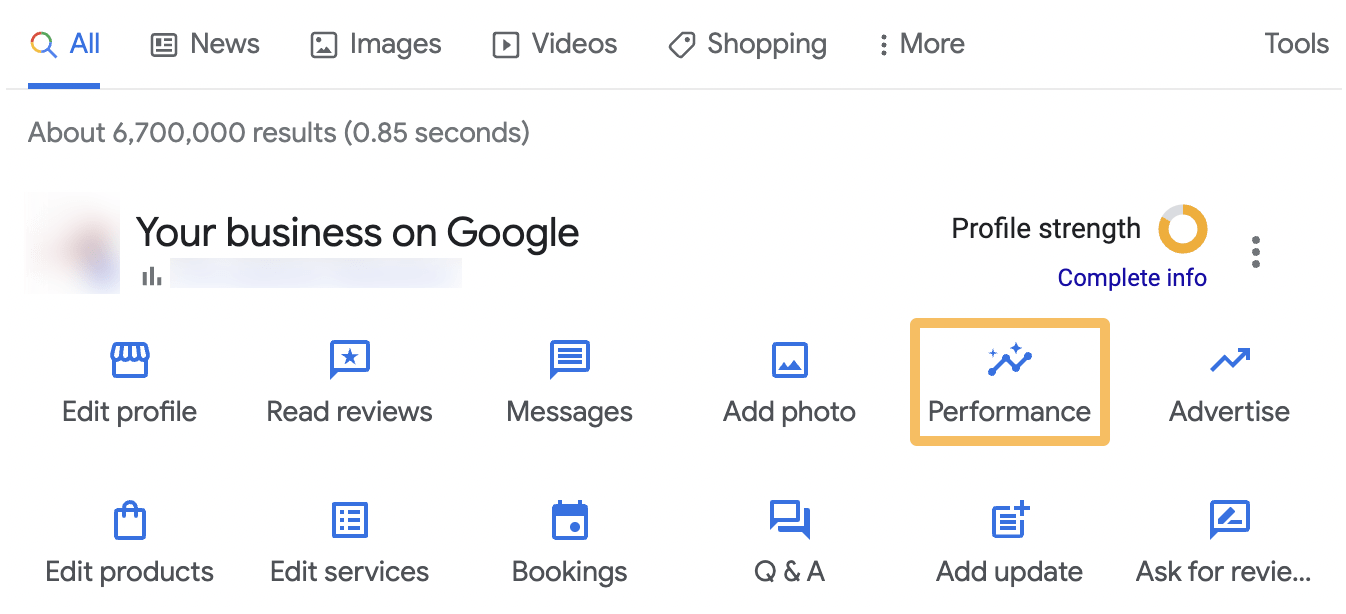 SEO for Multiple Locations (Beginner's Guide) | SERP dashboard with "Performance" icon highlighted, via Google Business Profile