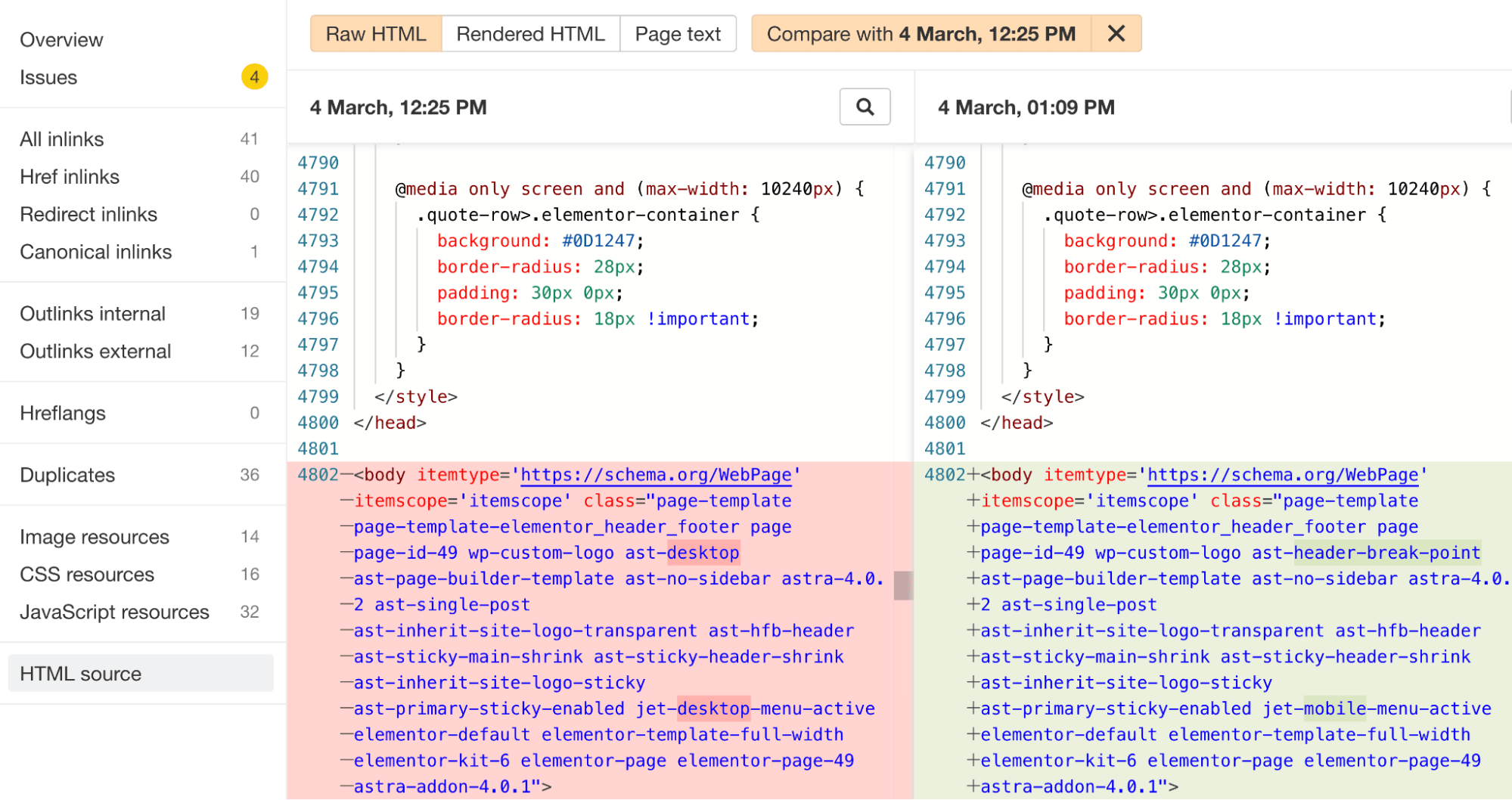Mobile SEO: 10 Optimization Tips to Build a Mobile-Friendly Site | Comparing HTML source code, via Ahrefs' Site Audit crawl comparisons