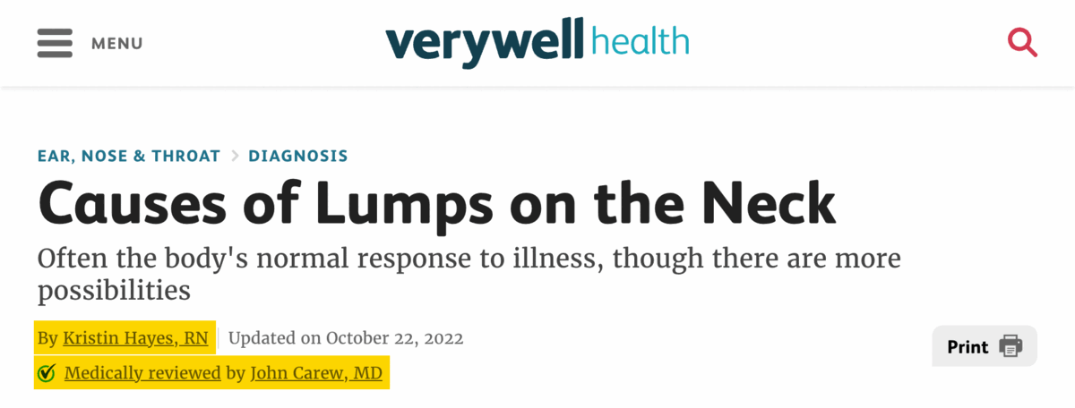 Keyword Analysis for SEO: Deciding if (And How) to Target a Keyword | Examples of top-ranking pages for "lump on neck," all of which are written or reviewed by doctors and nurses