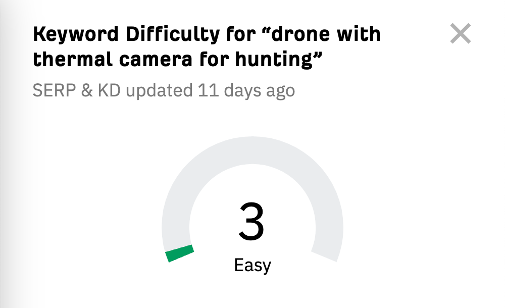 10 Things You Can Do in Ahrefs for Free | KD score for "drone with thermal camera for hunting," via Ahrefs' free keyword difficulty checker