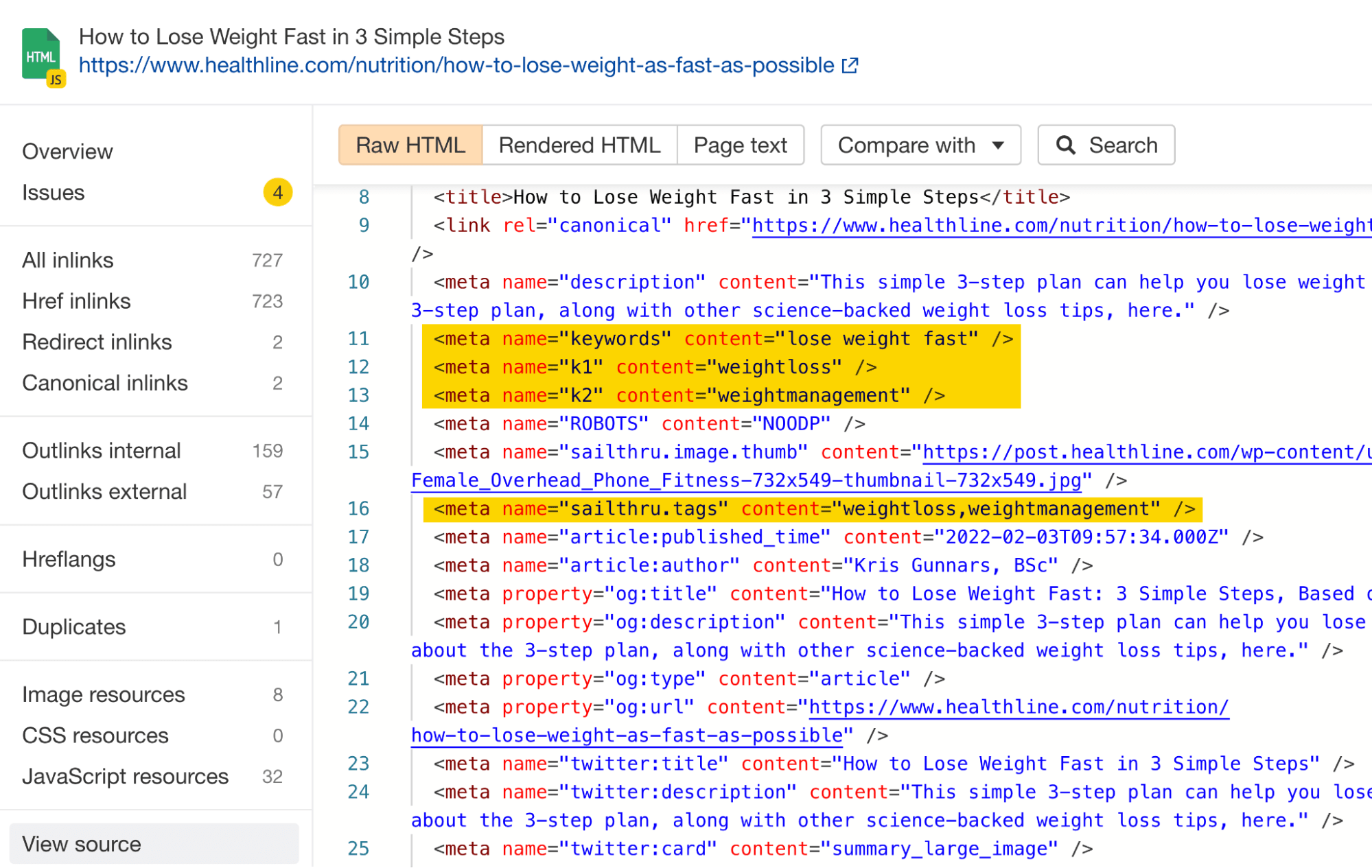 Healthline's Content Anatomy: 5 SEO Insights to Learn From | Example of Healthline's meta tags