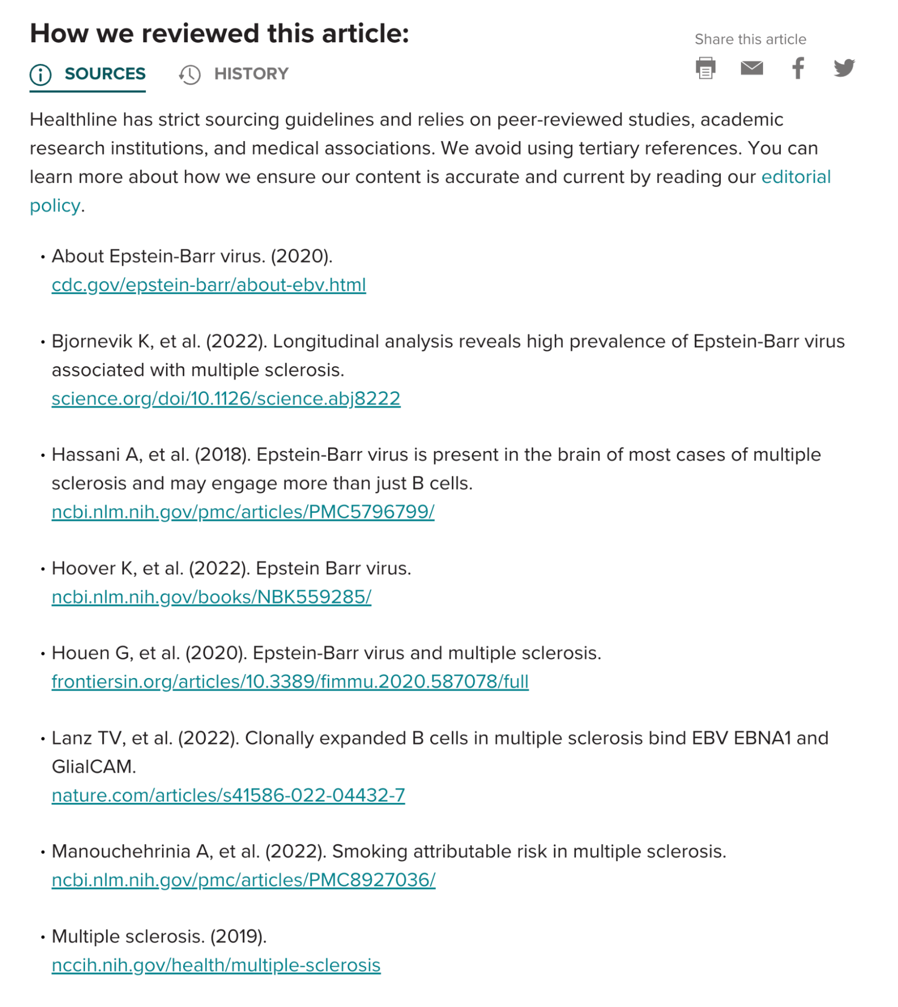 Healthline's Content Anatomy: 5 SEO Insights to Learn From | Healthline article's list of sources