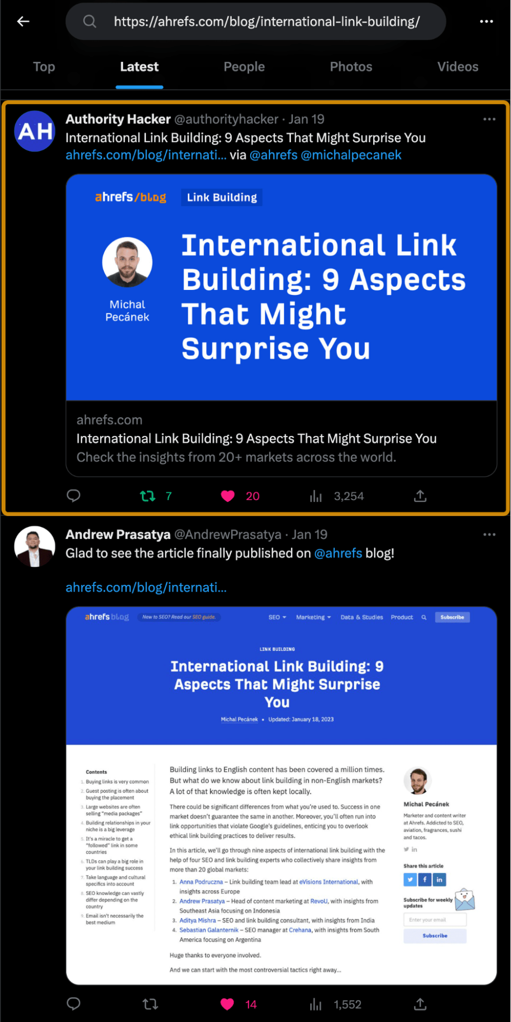 Why Social Signals Matter for SEO (It's Not a Ranking Factor) | Authority Hackers sharing my article on Twitter