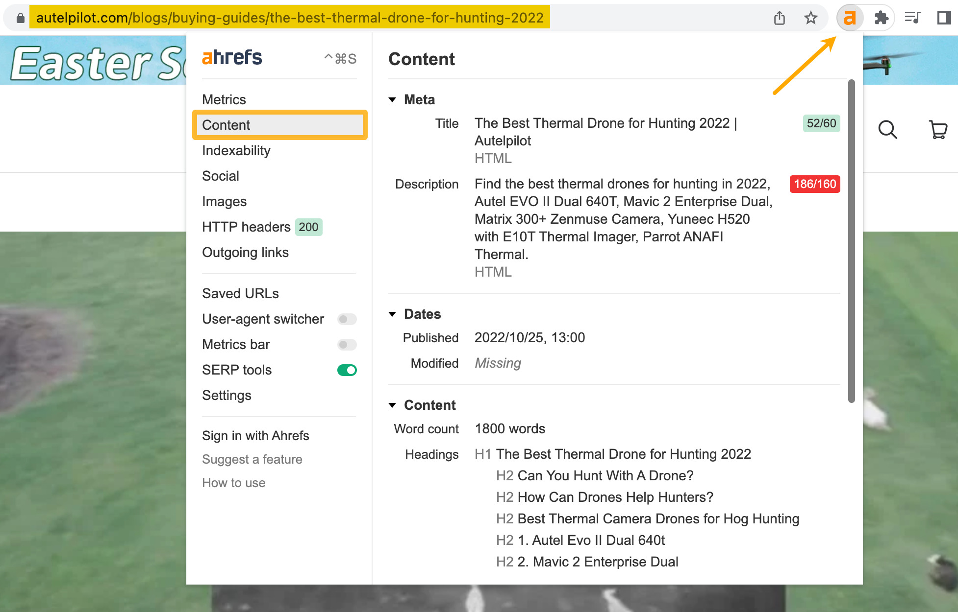 10 Things You Can Do in Ahrefs for Free | "Content" section, via Ahrefs' SEO Toolbar
