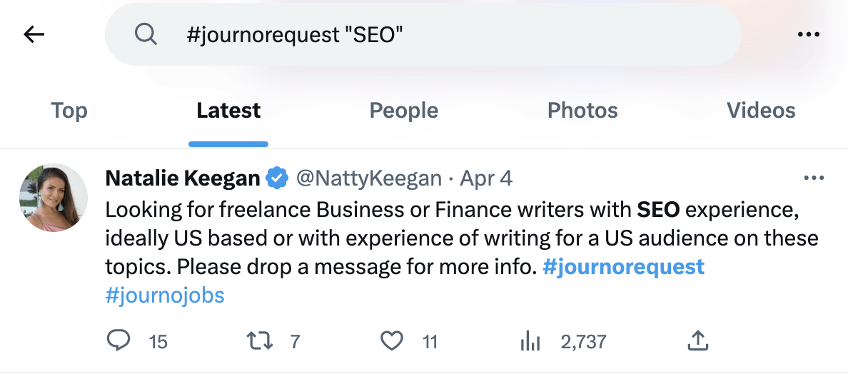 Single-Page Websites and SEO: The Essential Guide | Example of a #journorequest tweet
