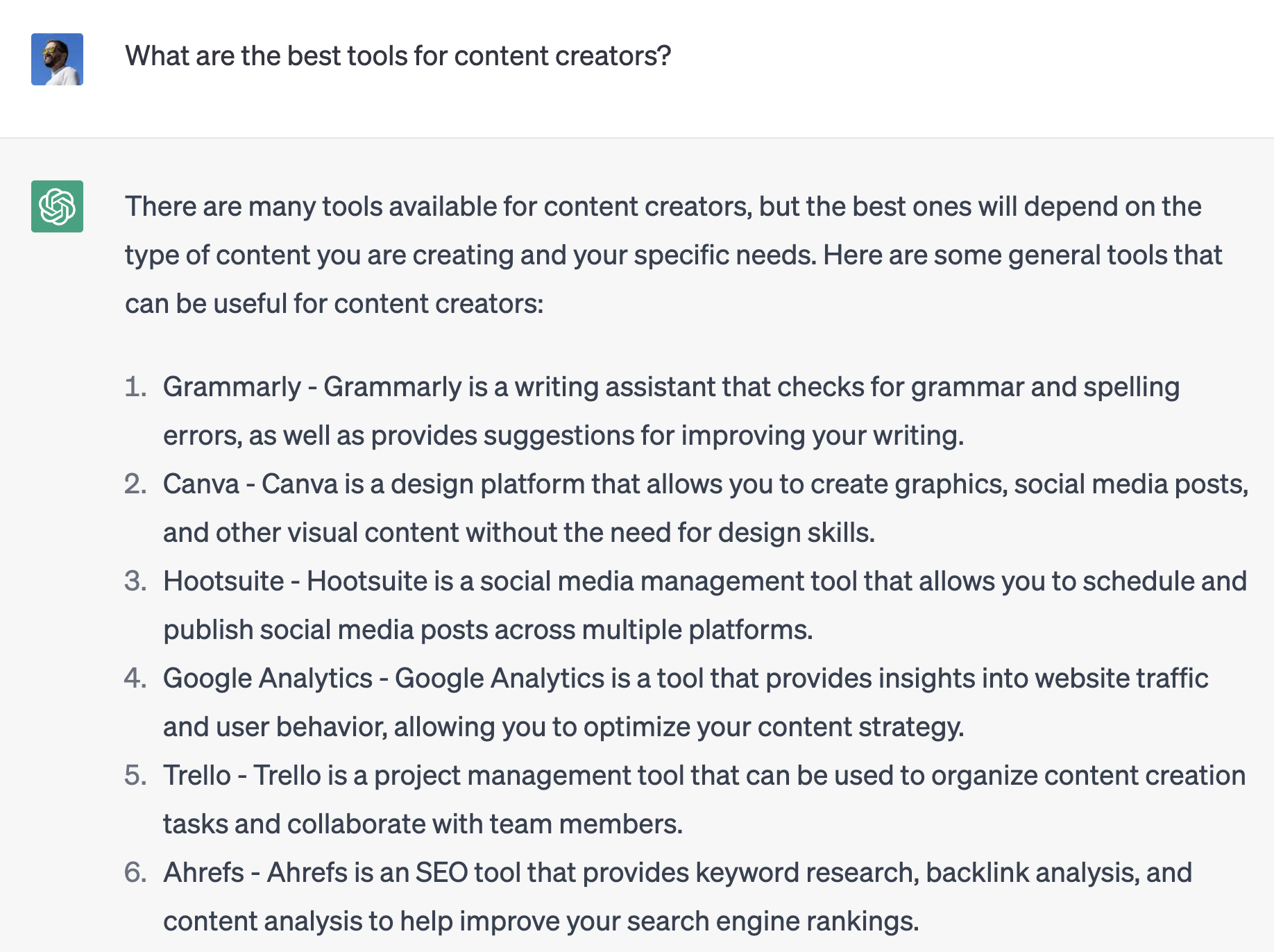30+ Content Creation Tools to Streamline Your Workflow | ChatGPT's response to the question, "What are the best tools for content creators?"