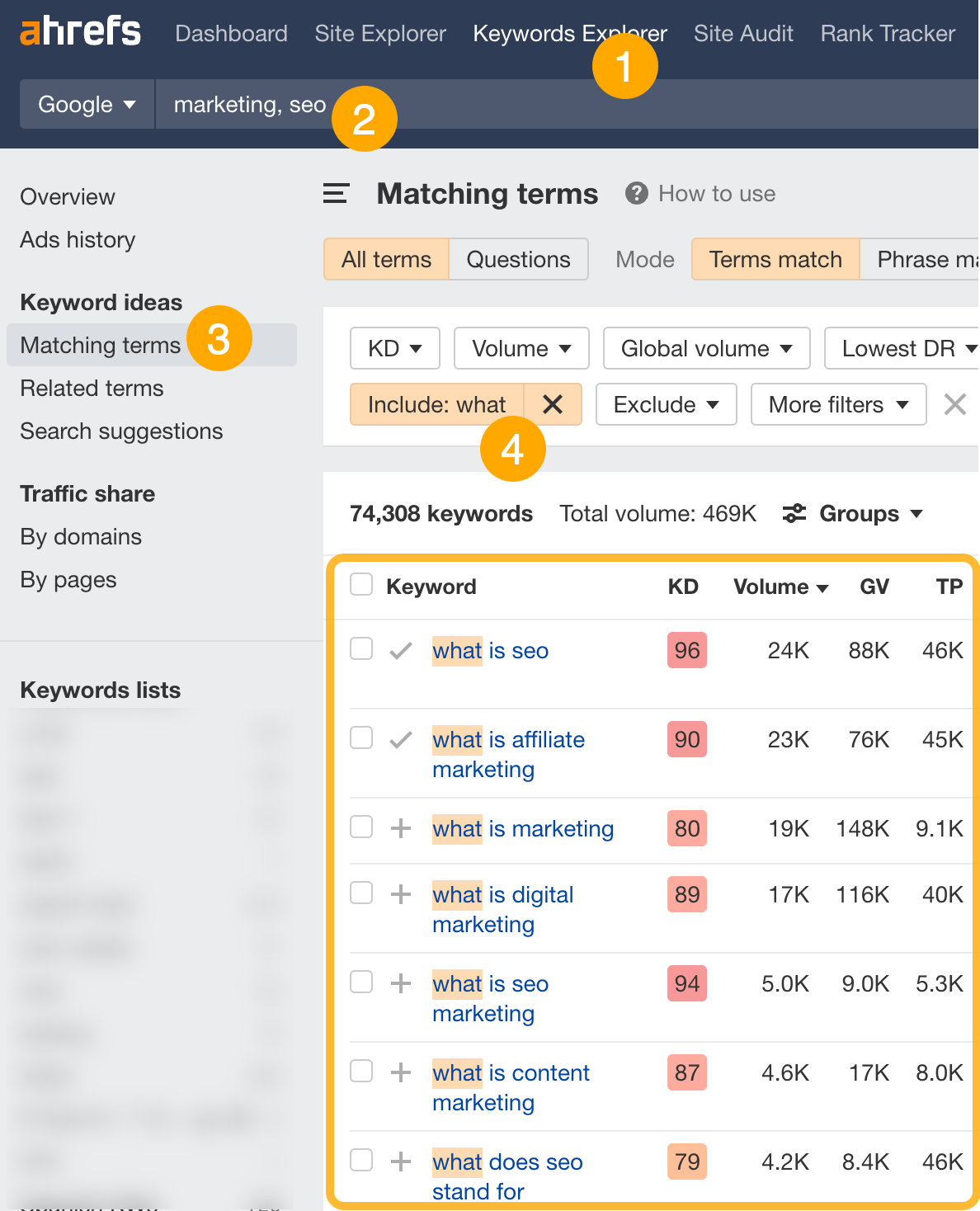 Finding "guide" keywords, via Ahrefs' Keywords Explorer
