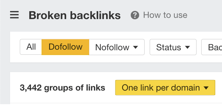 Broken backlinks report, via Ahrefs' Site Explorer
