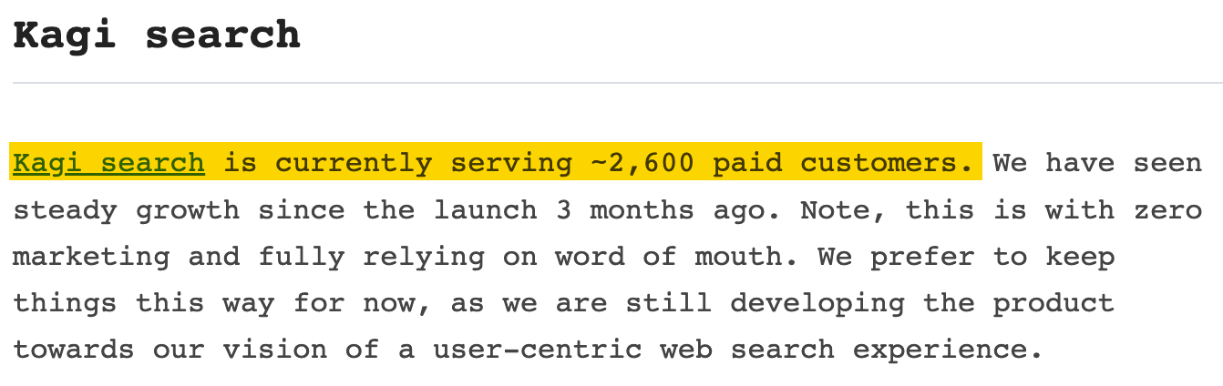 13 Privacy-Focused, Alternative Search Engines to Google | Except of a writeup indicating the number of Kagi customers