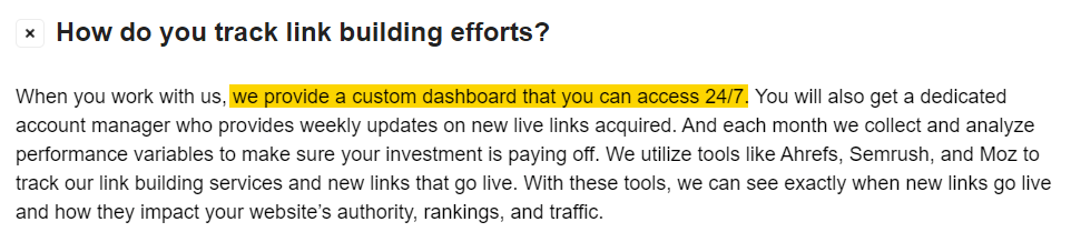 How to Hire a Link Building Agency: A Step-by-Step Guide | Link building agency's website stating it provides a customer dashboard