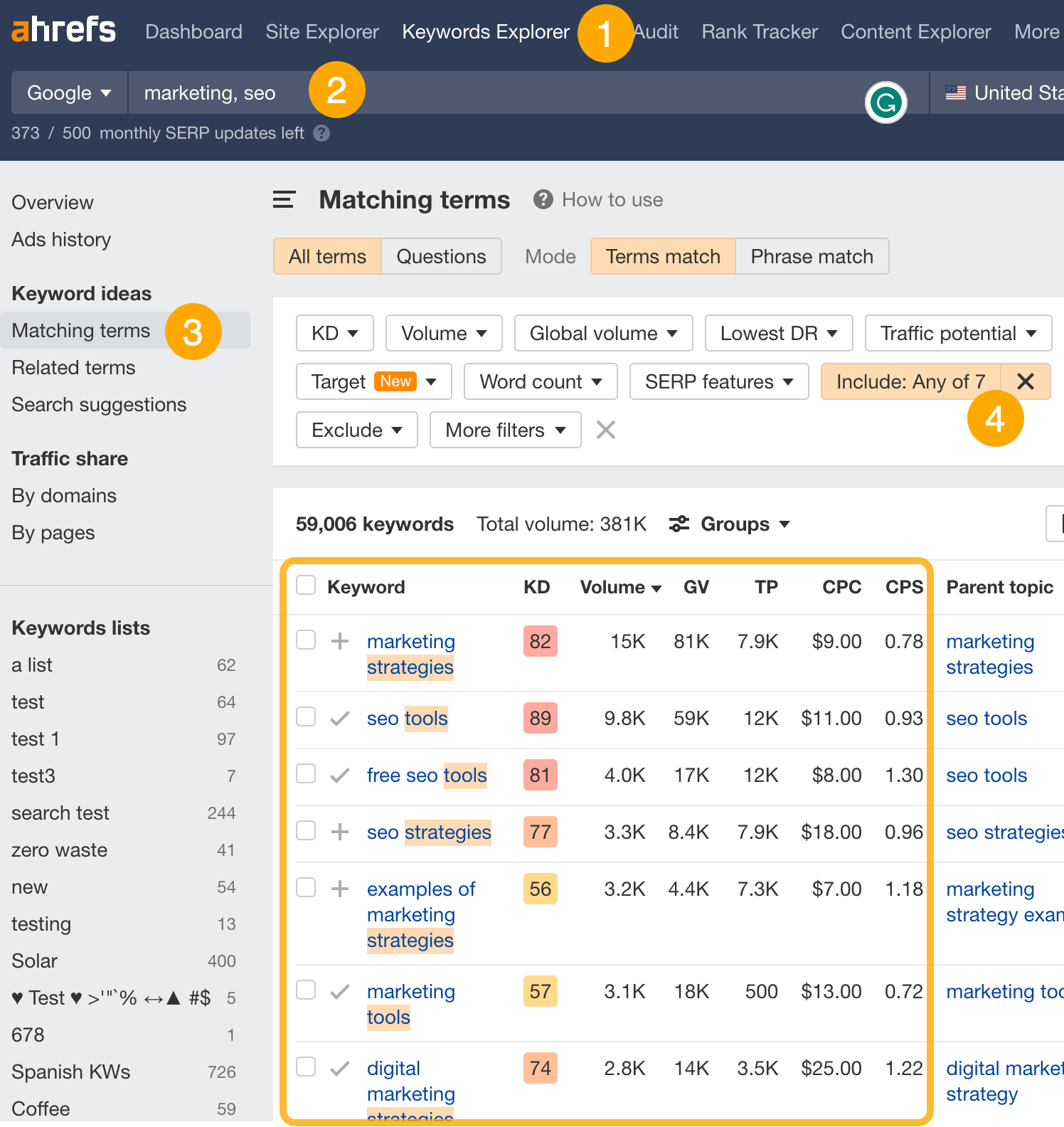 Finding "listicle" keywords, via Ahrefs' Keywords Explorer
