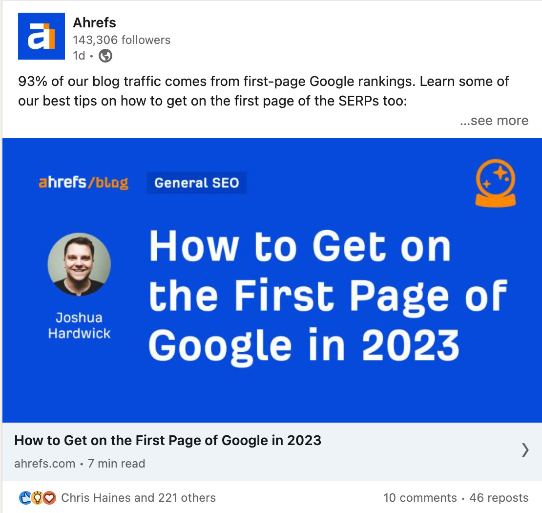 21 Content Promotion Tactics (To Get More Traffic to Your Content) | An example of Ahrefs sharing its latest posts on LinkedIn