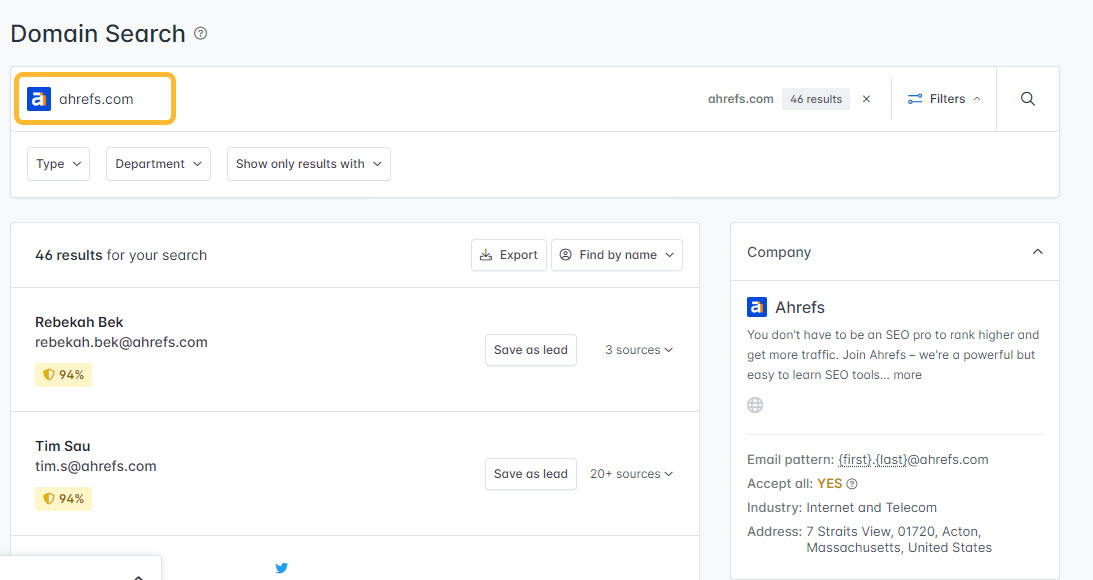 Link Prospecting: How to Find Quality Backlinks for Your Website | Searching "ahrefs.com" in Hunter