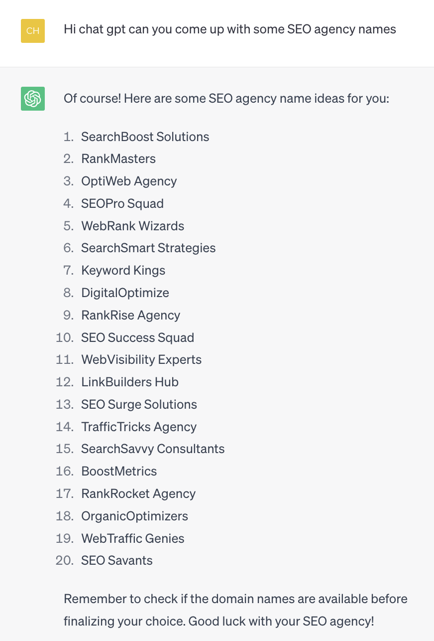 AI Copywriting (Tools to Improve Efficiency) | Asking ChatGPT to come up with SEO agency names