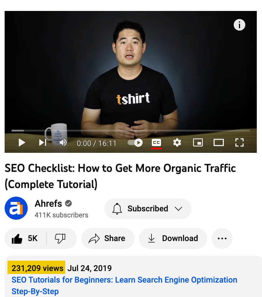 13 Smart Ways to Repurpose Content | Number of views of Ahrefs' YouTube video about SEO checklists