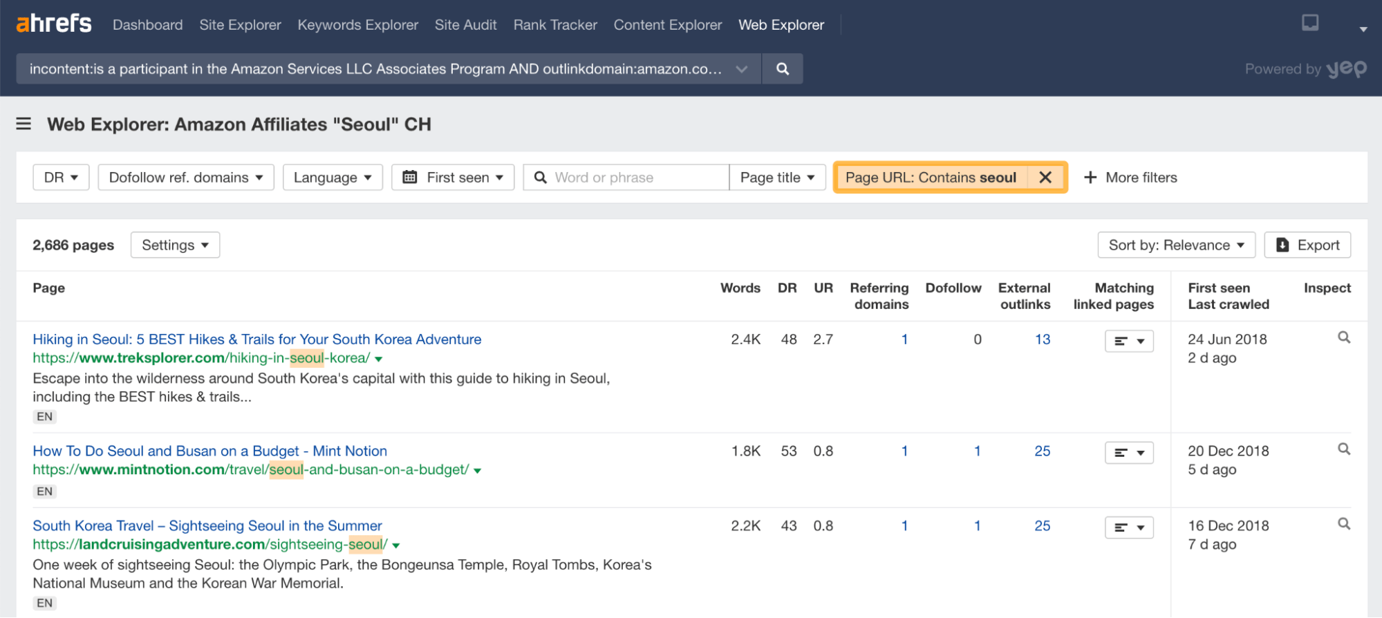 Finding a Good Blog Niche (The Easy Way) | List of Amazon Affiliate blogs, via Ahrefs' Web Explorer