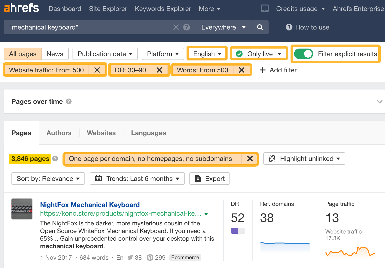 21 Content Promotion Tactics (To Get More Traffic to Your Content) | Search for "mechanical keyboards" with filters, via Ahrefs' Content Explorer