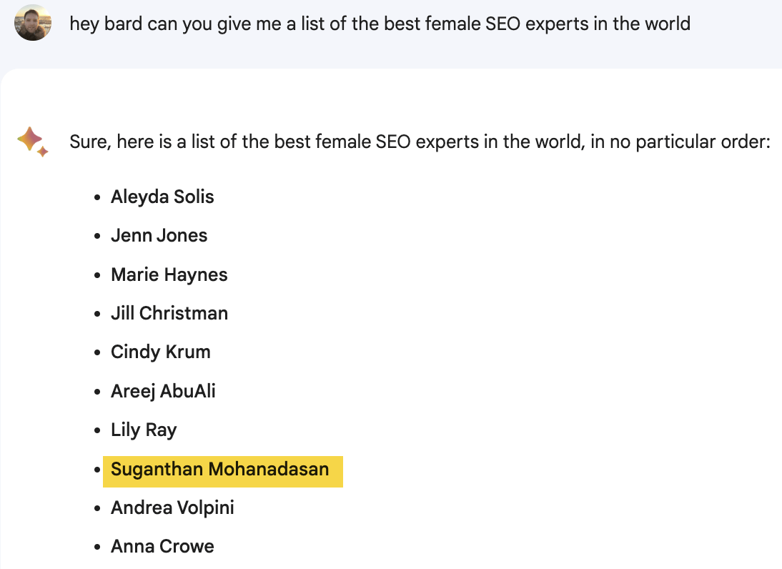 AI Copywriting (Tools to Improve Efficiency) | Asking Google Bard for a list of the best female SEO experts in the world