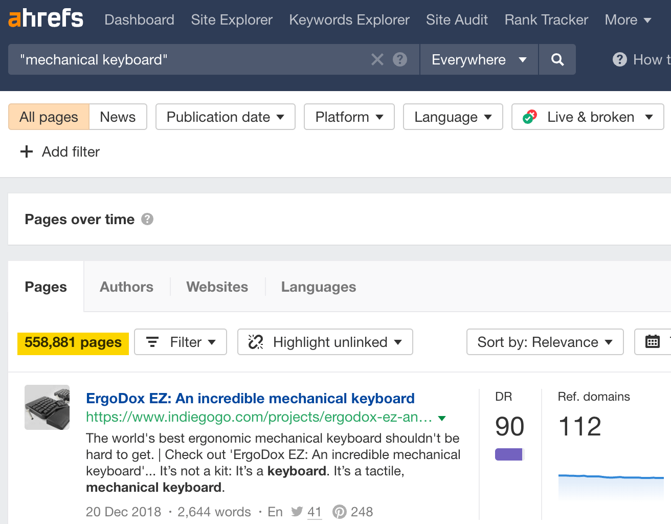 21 Content Promotion Tactics (To Get More Traffic to Your Content) | Search for "mechanical keyboards" on Ahrefs' Content Explorer