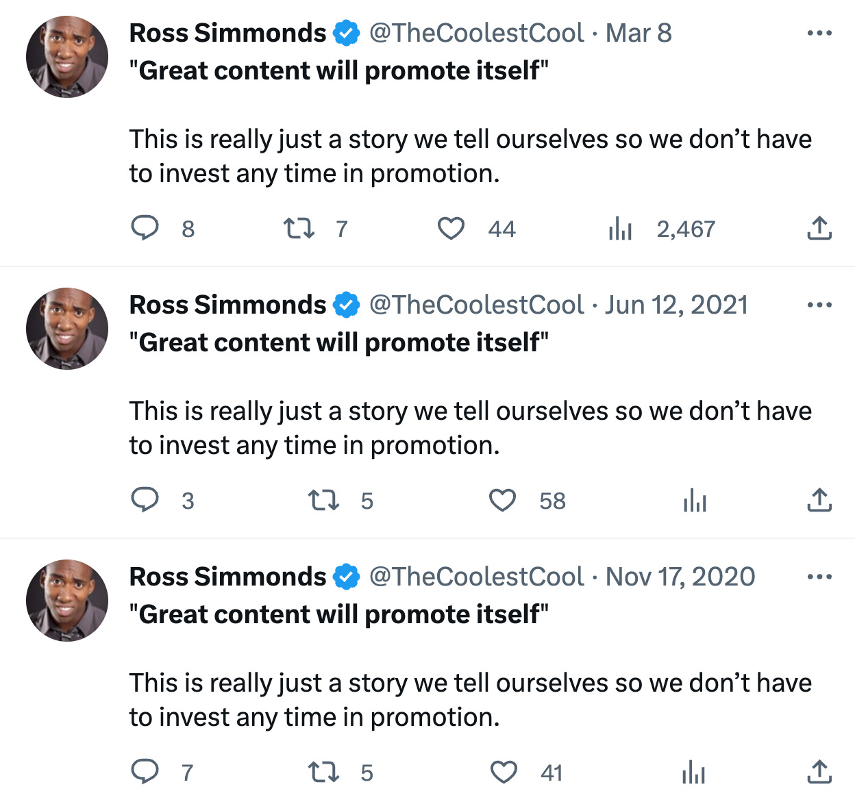 21 Content Promotion Tactics (To Get More Traffic to Your Content) | The same tweets by Ross Simmonds over a period of three years