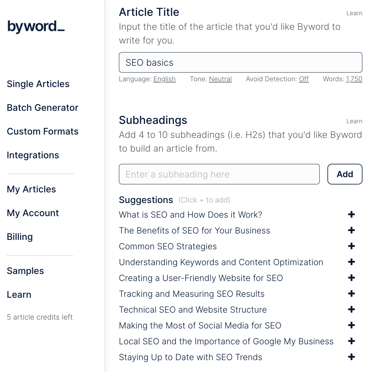 AI Copywriting (Tools to Improve Efficiency) | Subheadings related to SEO basics generated by Byword