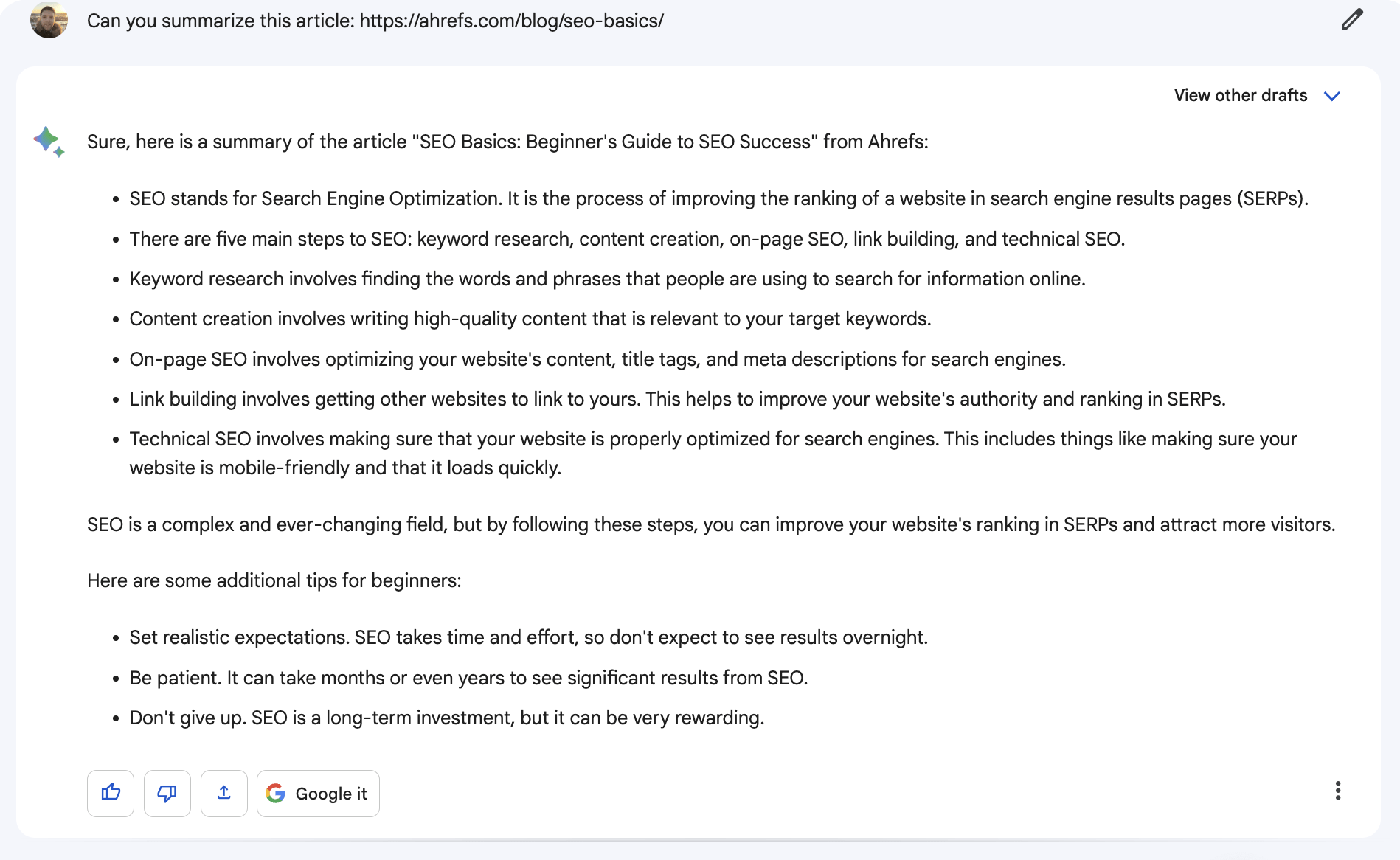 AI Copywriting (Tools to Improve Efficiency) | Bard's summary of an article on SEO basics
