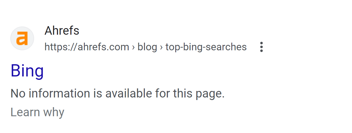 The Story of Blocking 2 High-Ranking Pages With Robots.txt | SERP listing for "Top Bing Searches" when blocked