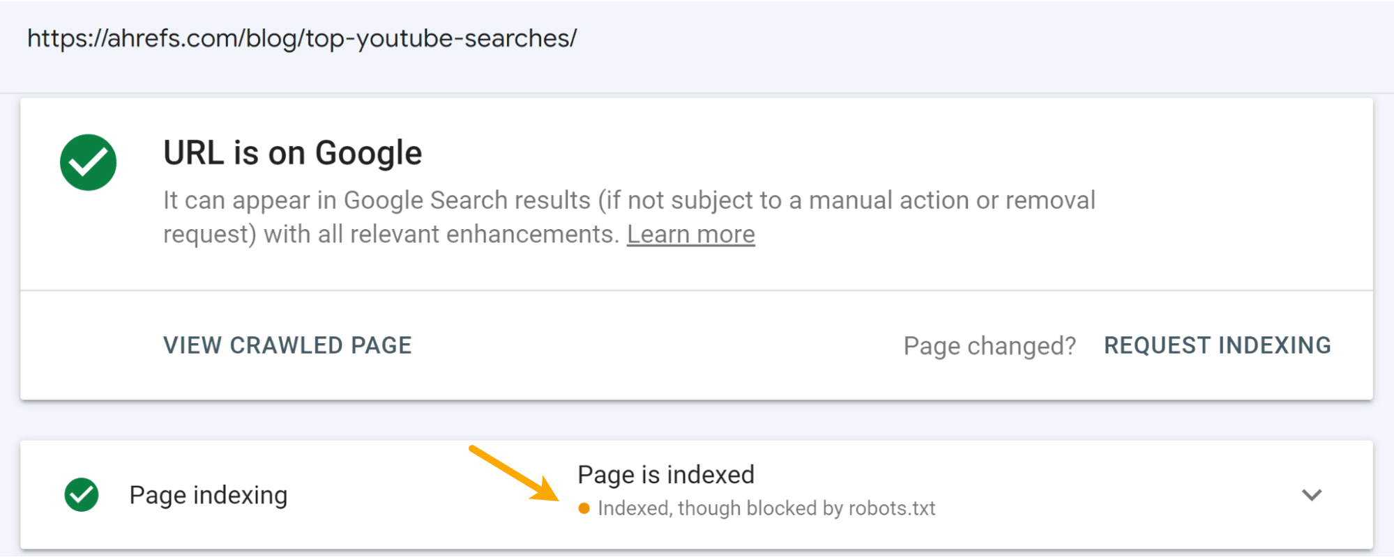 The Story of Blocking 2 High-Ranking Pages With Robots.txt | "Indexed, though blocked by robots.txt" shown in the GSC Inspection Tool