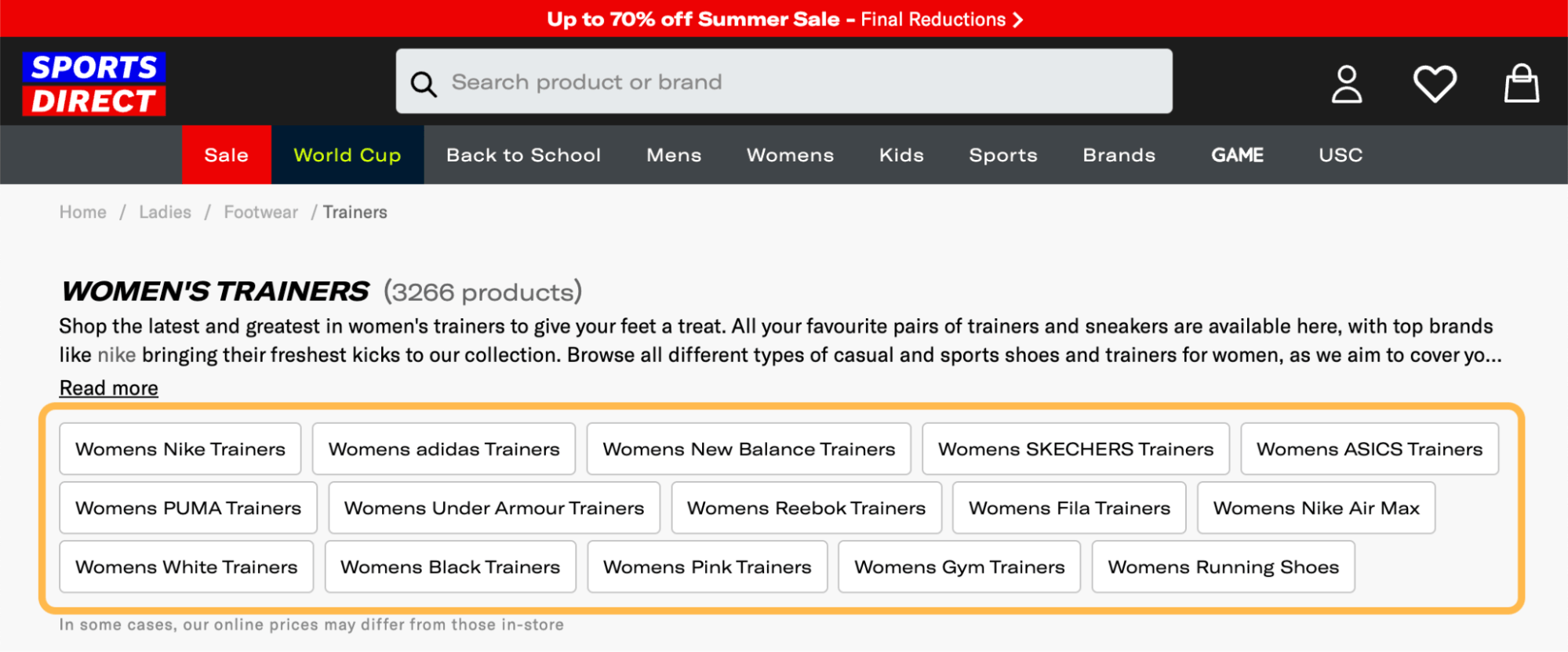 Master E-commerce SEO in 2023: Beginner's Guide | Subcategories highlighted near the top of the category page, via Sports Direct