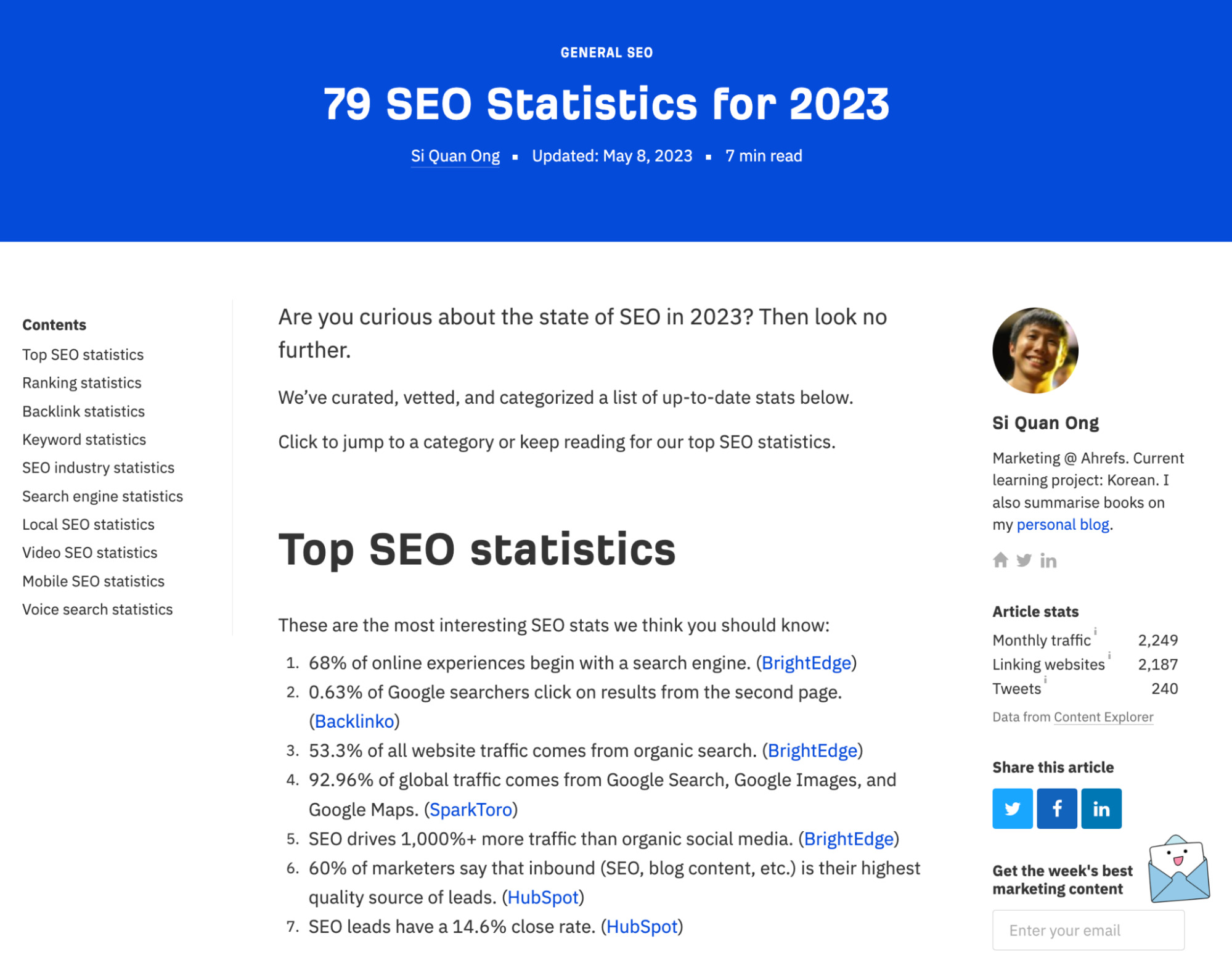 13 SEO Techniques for More Traffic | Ahrefs' blog article on SEO stats