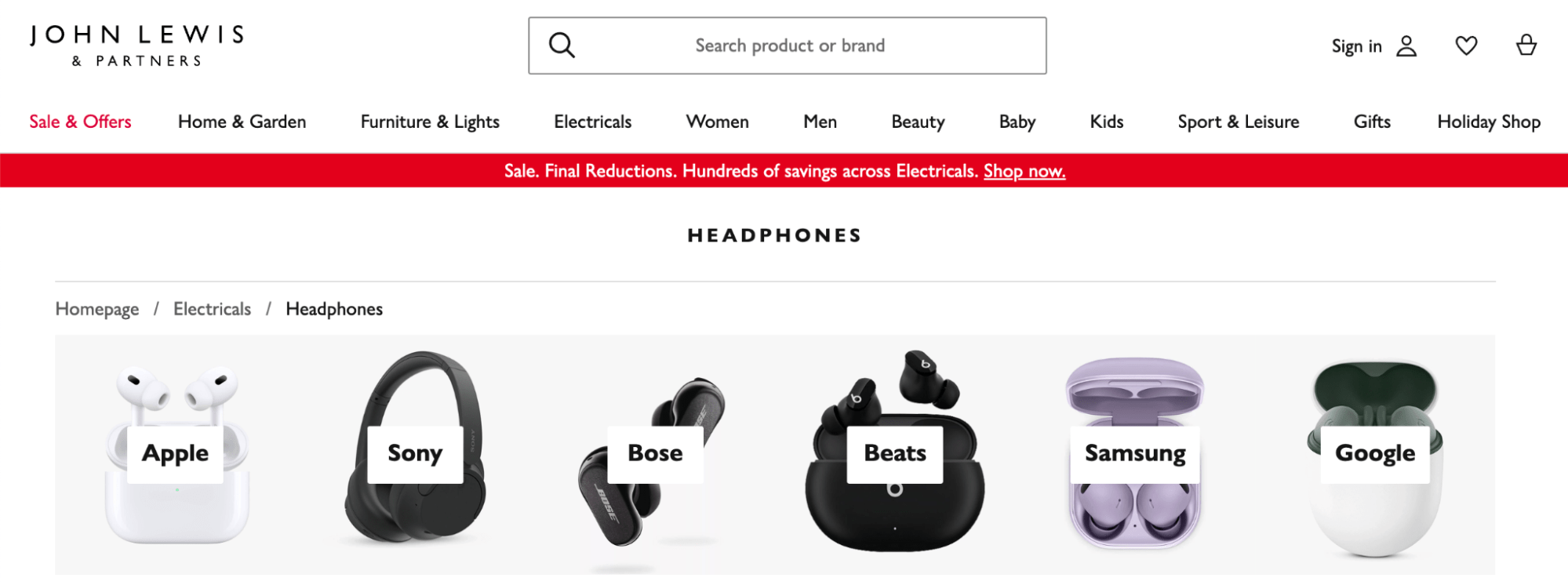 Master E-commerce SEO in 2023: Beginner's Guide | Subcategories highlighted near the top of the category page, via John Lewis