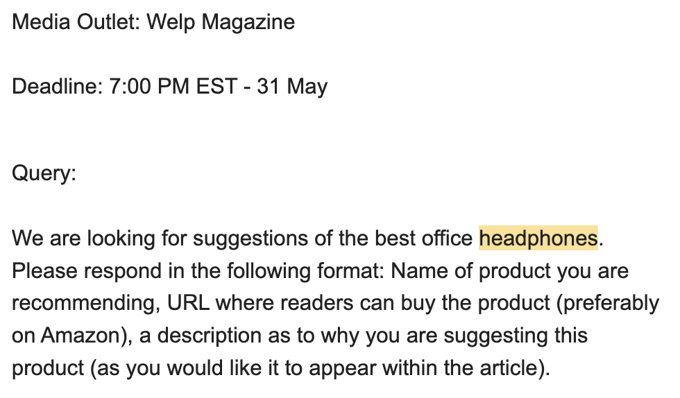 Master E-commerce SEO in 2023: Beginner's Guide | Example HARO request