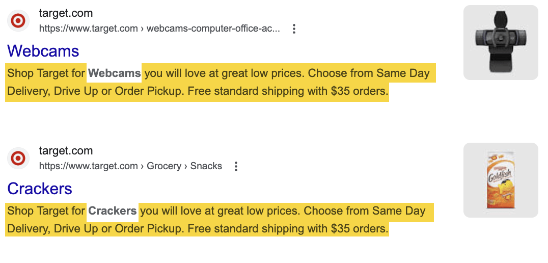 Master E-commerce SEO in 2023: Beginner's Guide | Example of templated meta descriptions on a Google SERP