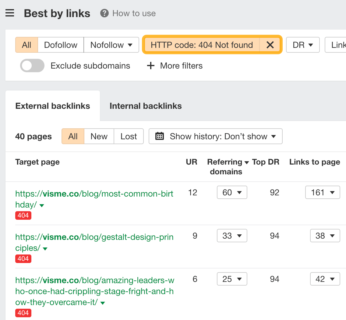 How to Do an SEO Competitor Analysis | How to find broken pages with the Best by links report, via Ahrefs' Site Explorer
