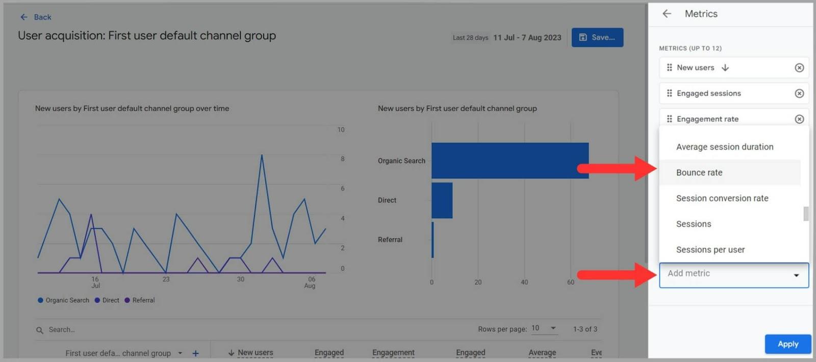 Add Metric then select Bounce rate Find bounce rate under the metric tab
