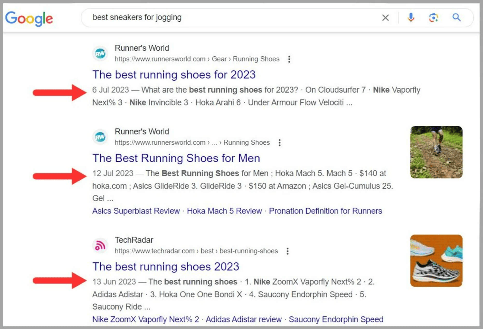 Most relevant results to best running shoes query SERP for best jogging shoes