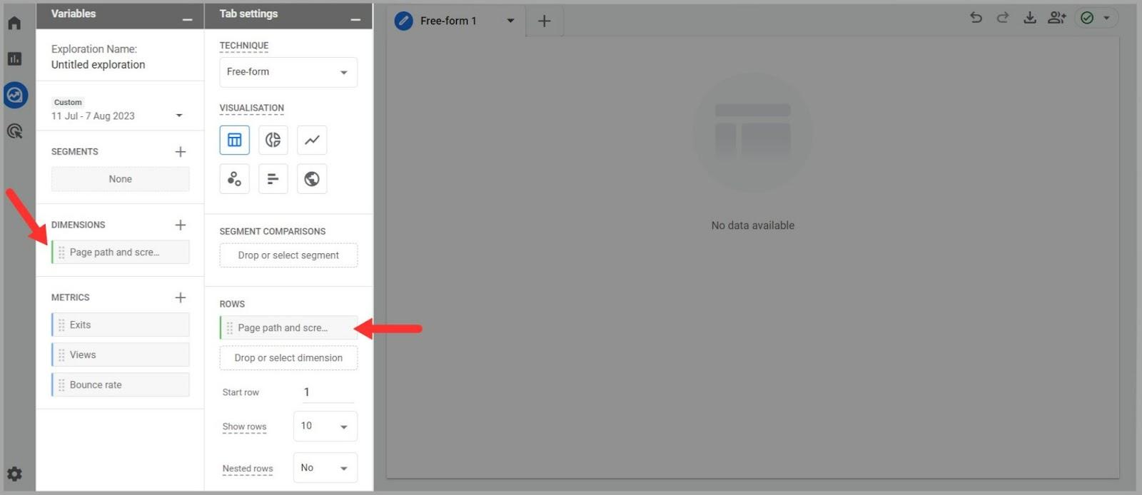 Rows Section Drag Page path and screen class to Row section