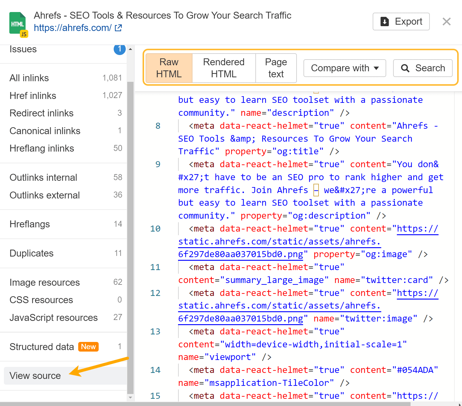 What SEOs Really Need to Know About JavaScript SEO | Checking raw and JavaScript-rendered HTML in Ahrefs' Site Audit
