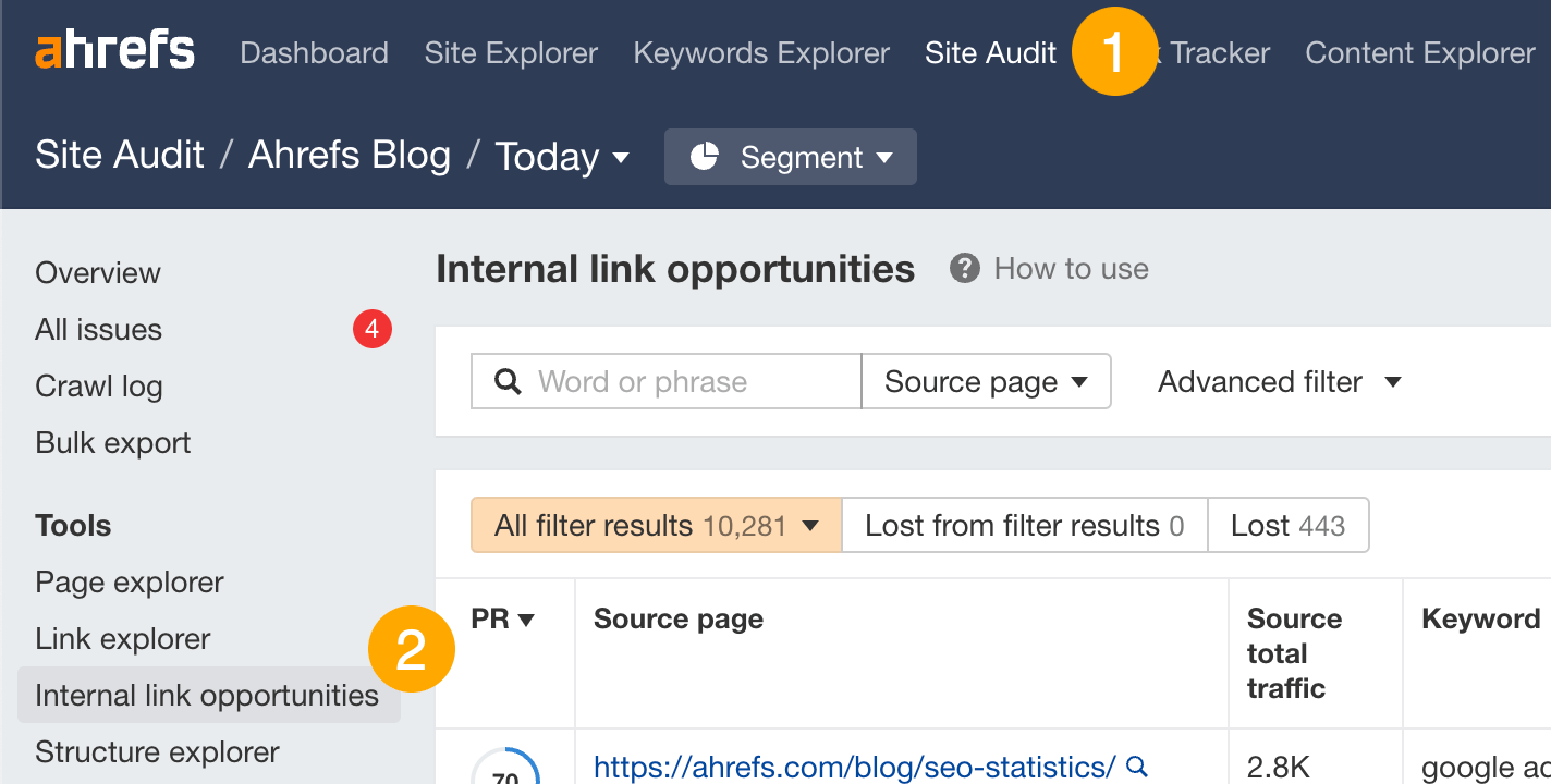 7 Fast Ways to Increase Organic Traffic | Link opportunities tool in Ahrefs.