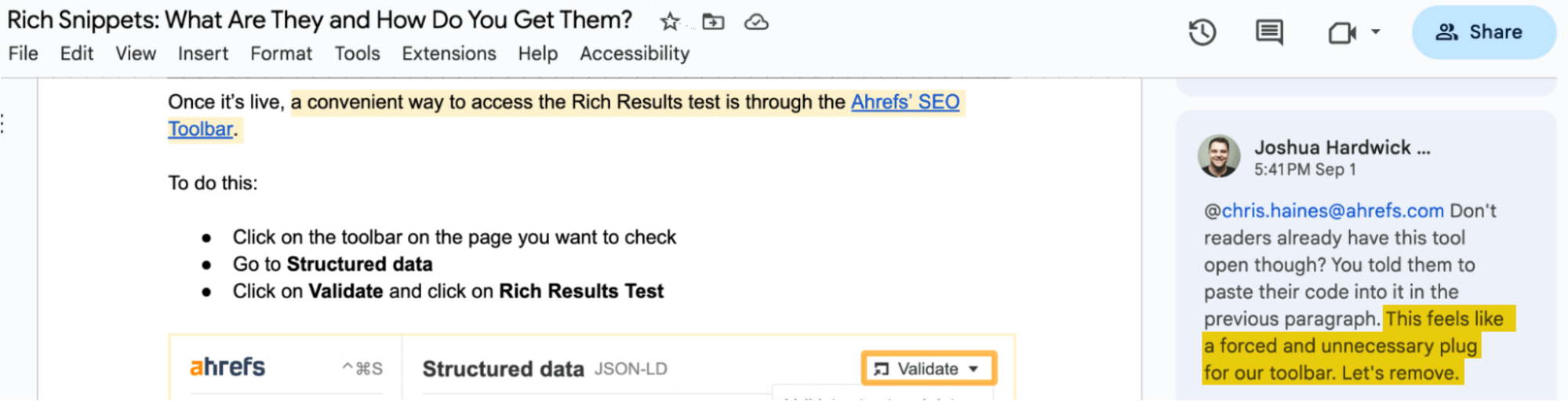 Inbound Marketing: What It Is, How It Works, & How Ahrefs Does It | Joshua Hardwick advising an author to remove a product mention
