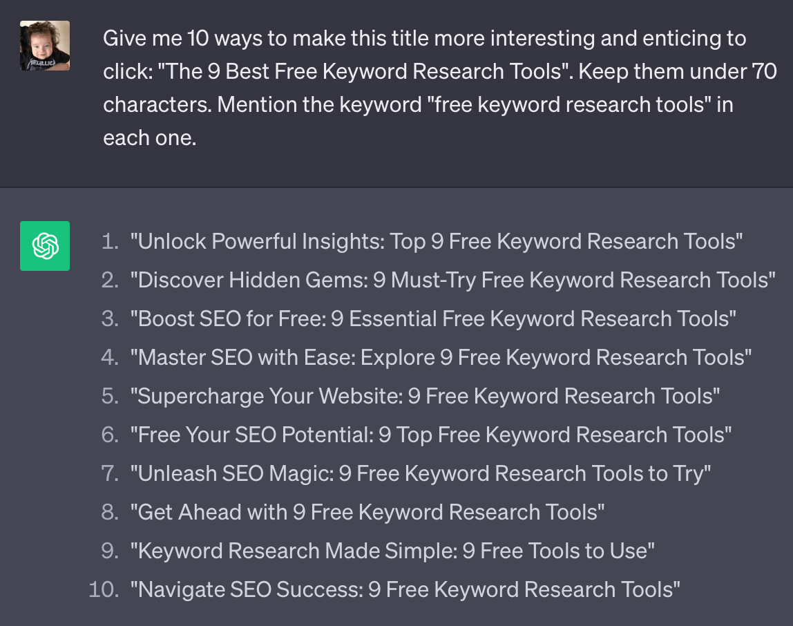 7 Fast Ways to Increase Organic Traffic | Asking ChatGPT to rewrite a title for SEO.
