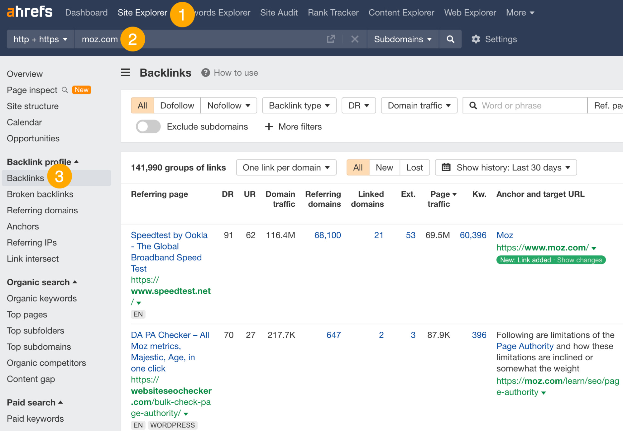 7 Popular White Hat Link Building Techniques (That SEOs Are Still Using Today) | Backlinks report for Moz.com, via Ahrefs' Site Explorer