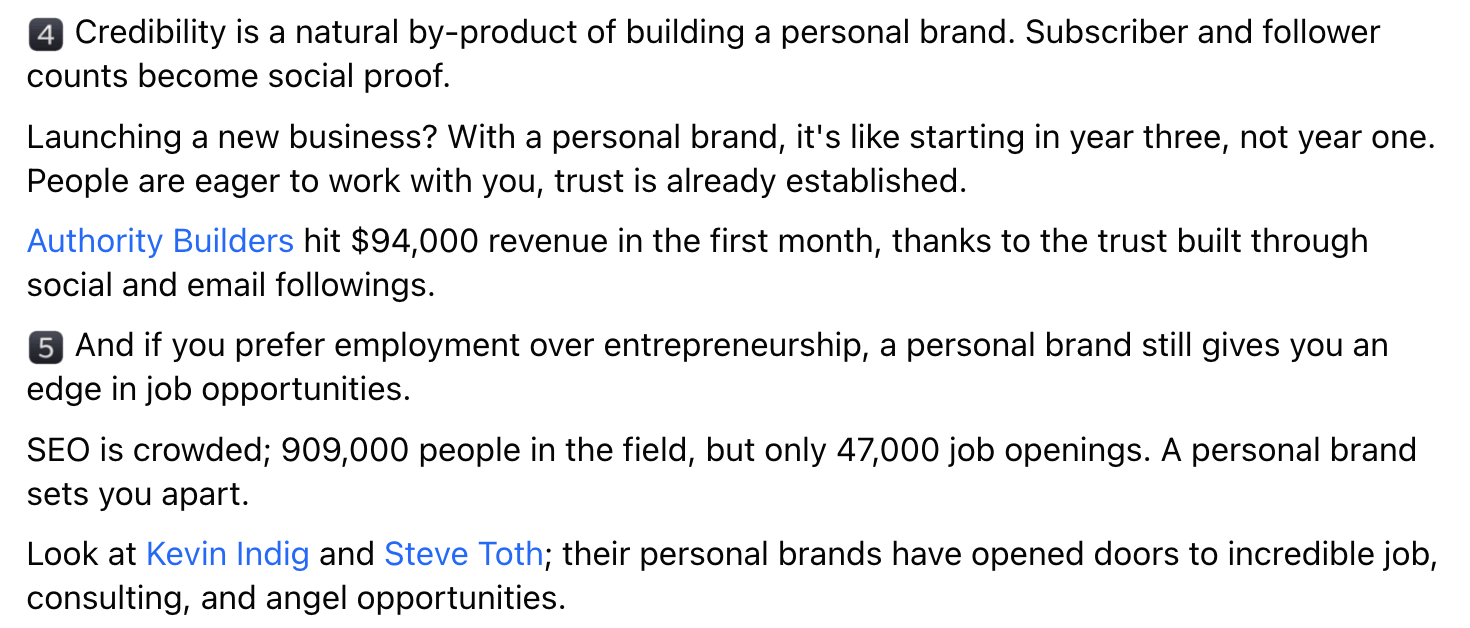 Personal Brand: What It Really Is & How to Build One | Excerpt from Matt Diggity's Facebook post on the benefits of personal branding.