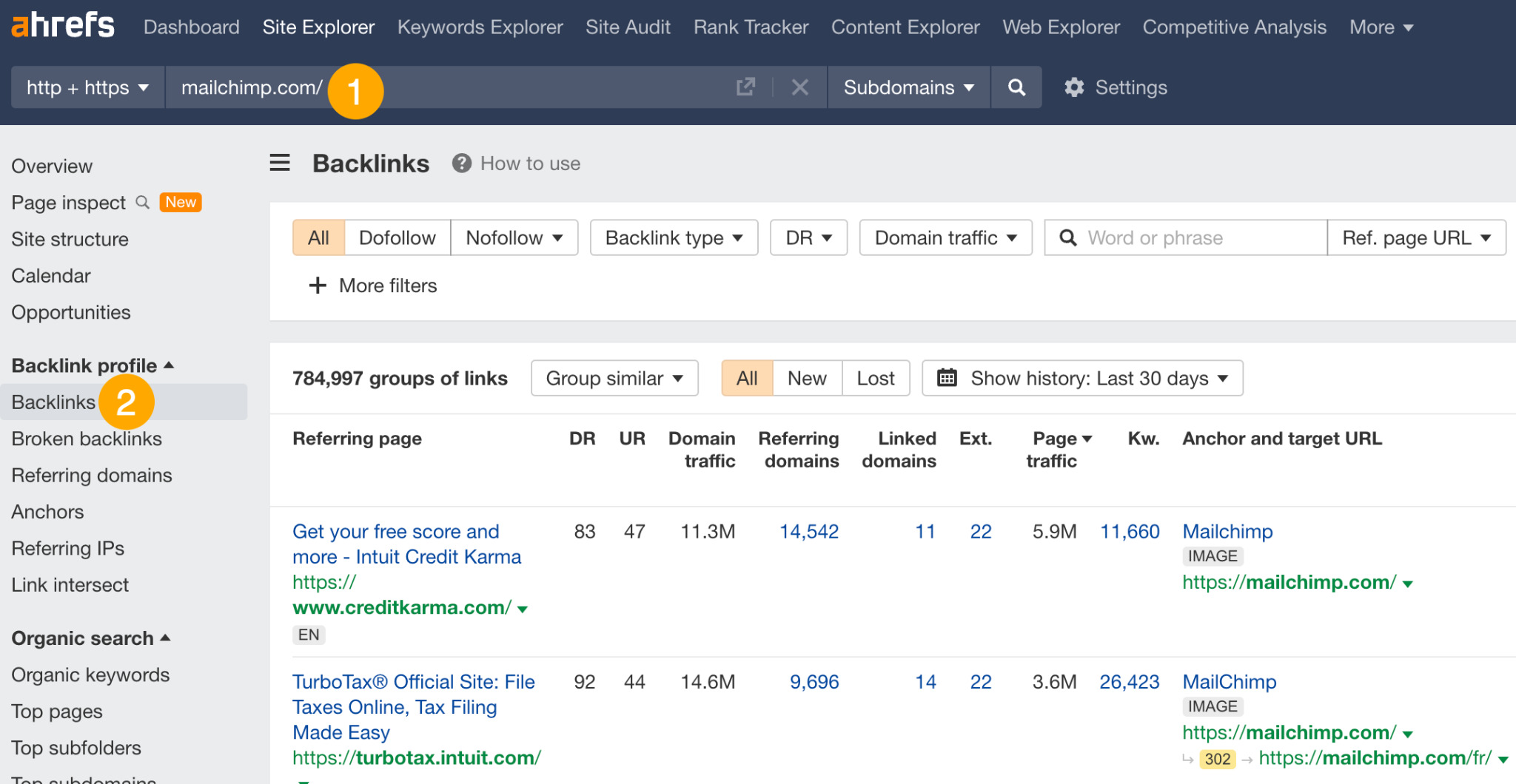 The Official Ahrefs Tutorial: How to Use Ahrefs to Improve SEO | The backlink profile for Mailchimp
