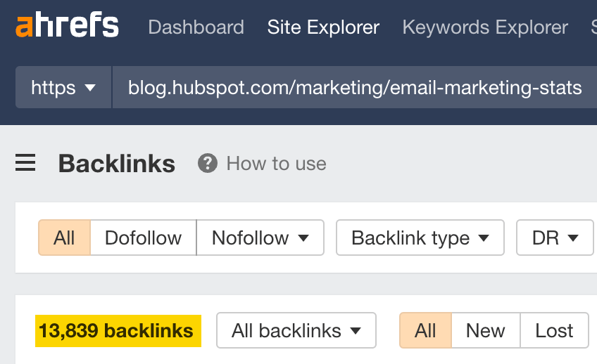 The Official Ahrefs Tutorial: How to Use Ahrefs to Improve SEO | HubSpot's email marketing statistics blog post has around 13,000 backlinks