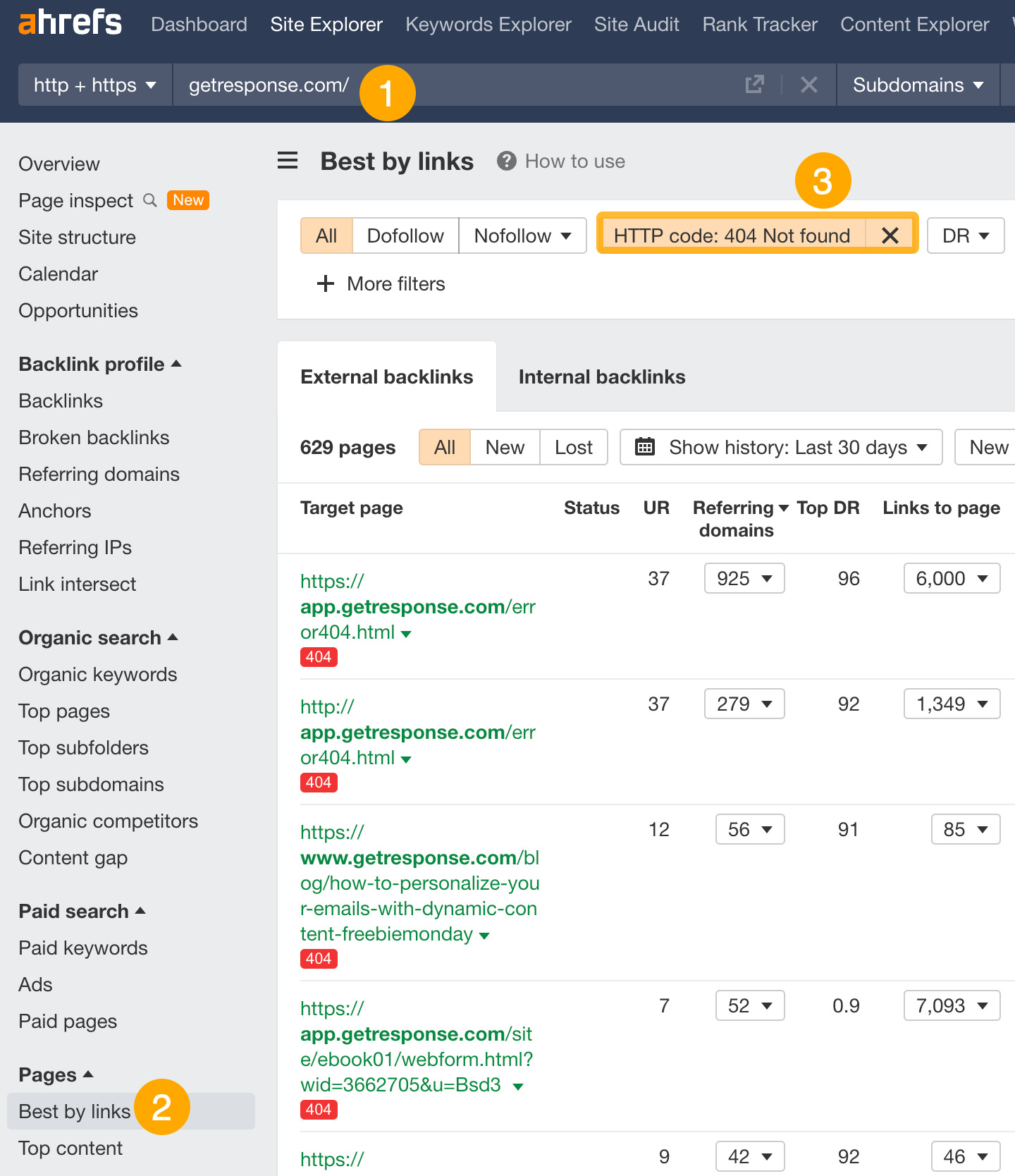 The Official Ahrefs Tutorial: How to Use Ahrefs to Improve SEO | GetResponse's broken pages, which are potential broken link building opportunities for a competitor