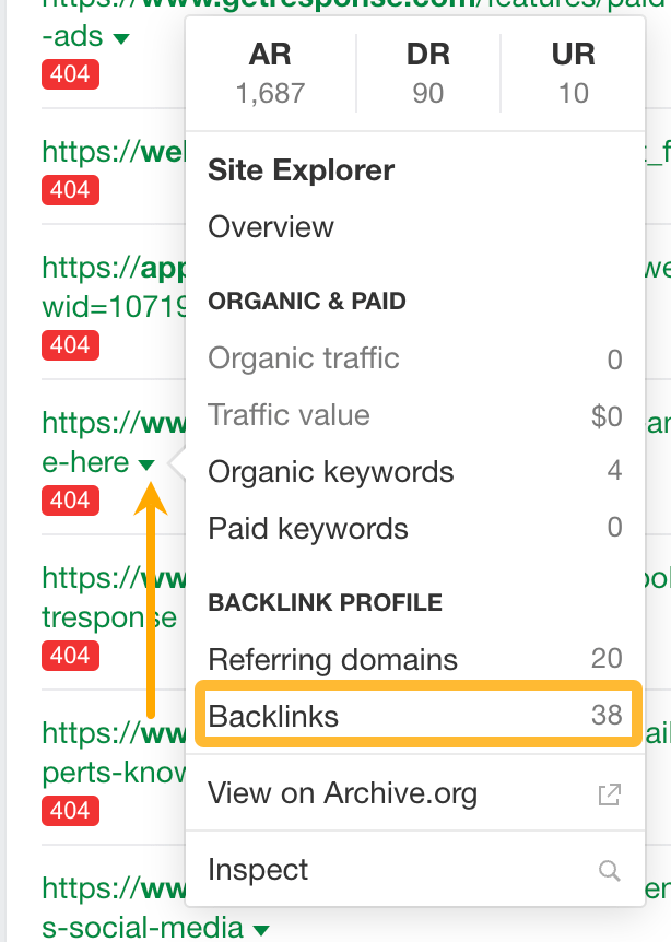 The Official Ahrefs Tutorial: How to Use Ahrefs to Improve SEO | Clicking the Backlinks report to see the backlinks pointing at GetResponse's dead article